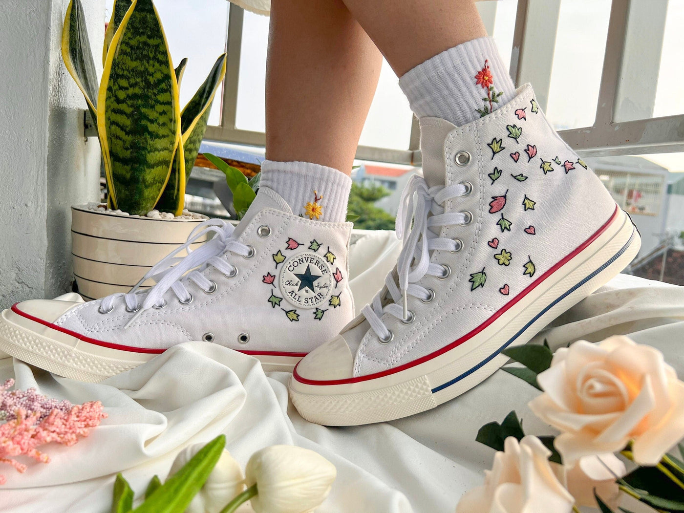 Converse High Tops,Embroidered Converse,Converse Custom Leaves