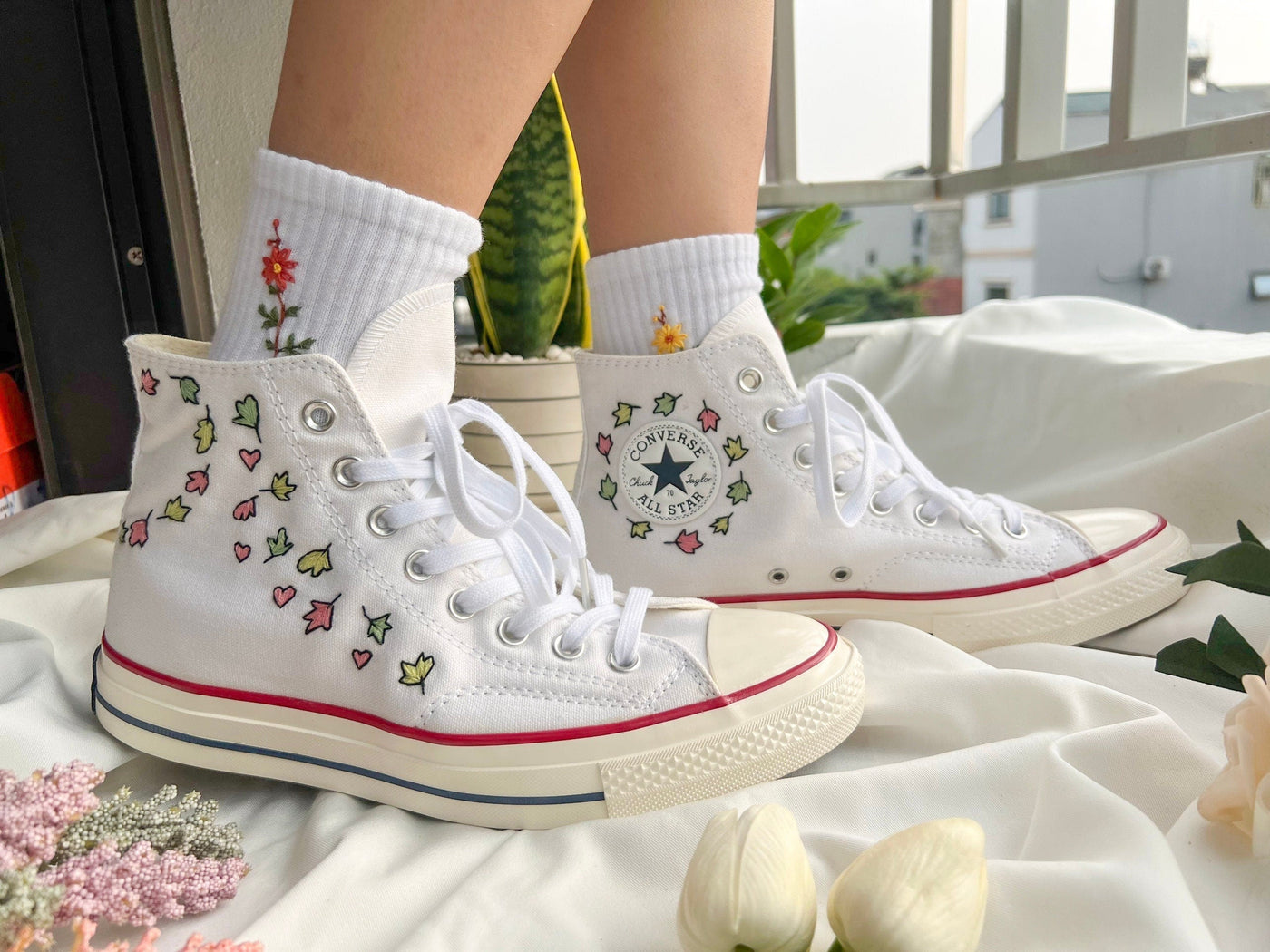Converse High Tops,Embroidered Converse,Converse Custom Leaves