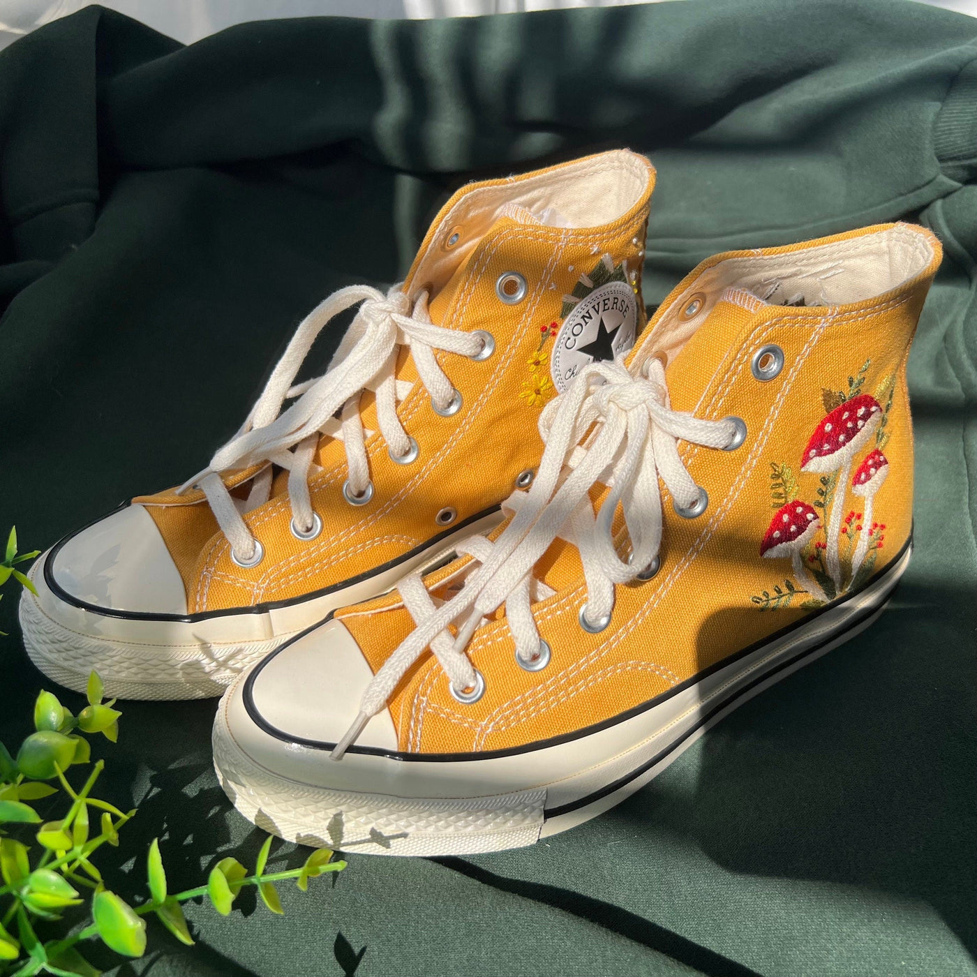 Converse High Tops, Embroidered Red Mushrooms And Butterfly