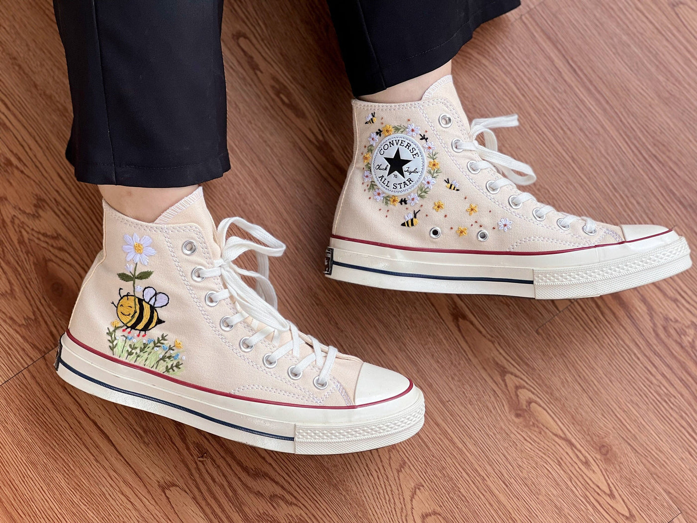 Custom Converse,Bees Converse, Converse Bees And Flowers
