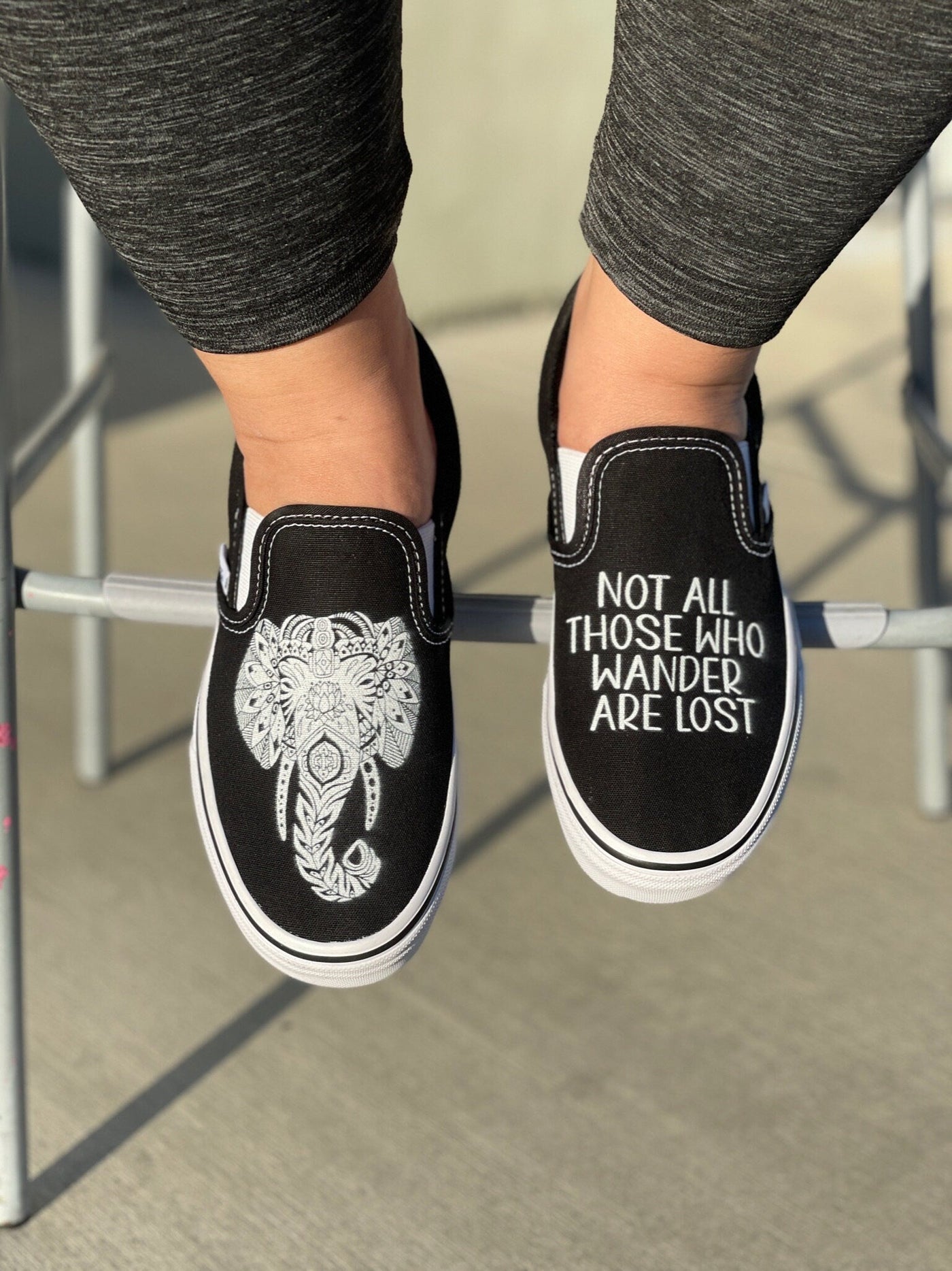 Custom Elephant Vans Slip On Shoes  Not All Those Who Wander Are Lost