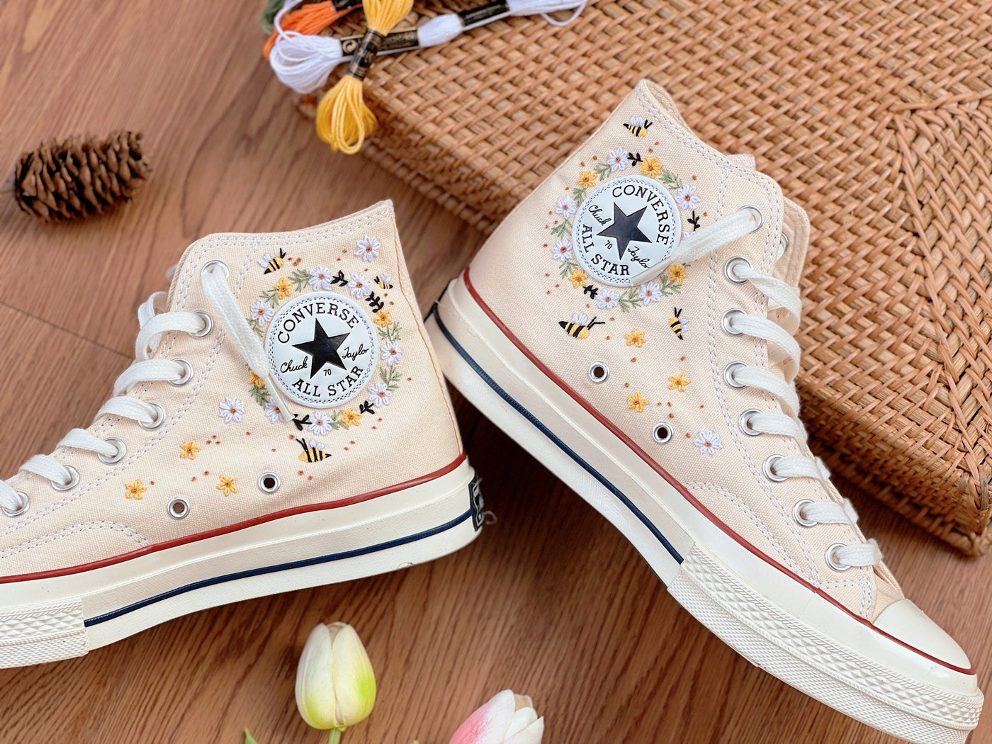 Embroidered Converse,Bees Converse,Converse High Tops Bees And Flower