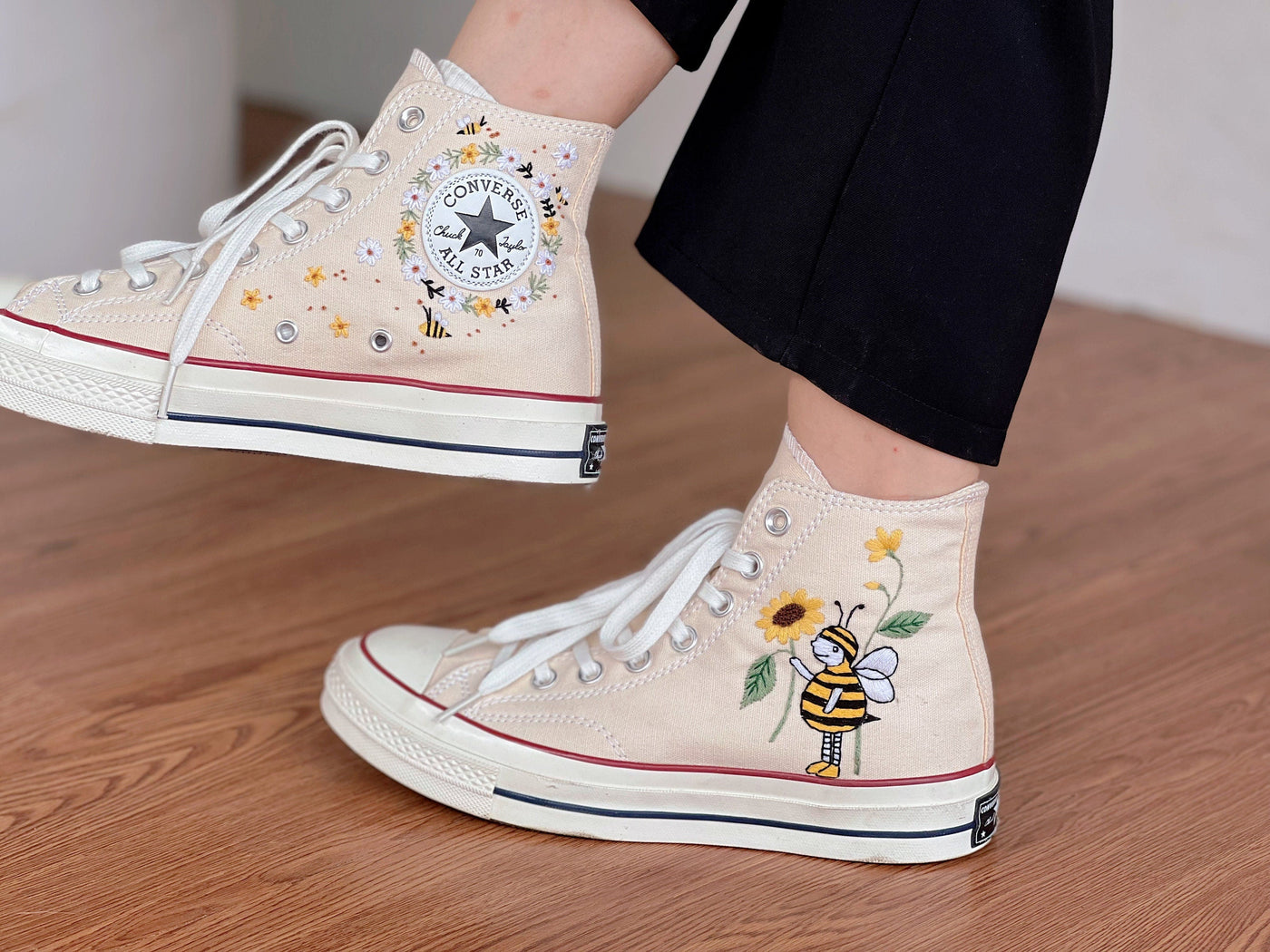 Embroidered Converse,Bees Converse,Converse High Tops Bees And Flower