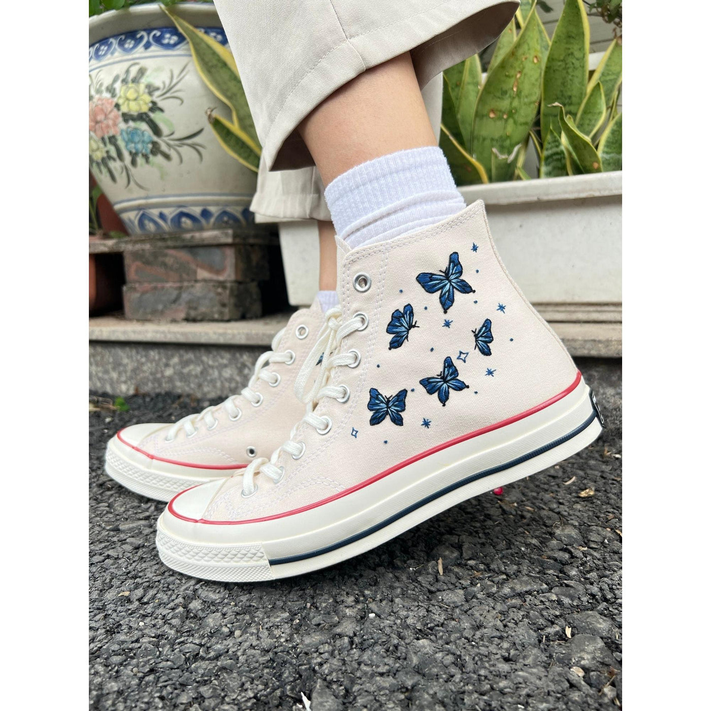 Embroidered Converse,Butterfly Converse,Embroidered Blue Butterflies