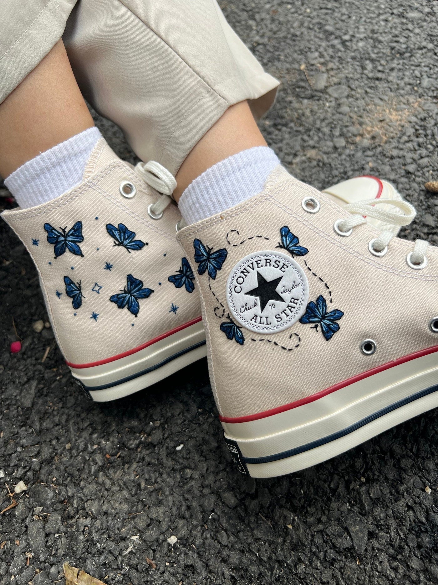 Embroidered Converse,Butterfly Converse,Embroidered Blue Butterflies