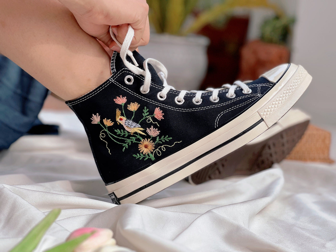Embroidered Converse,Converse Flower And Pet,Custom Converse Bird