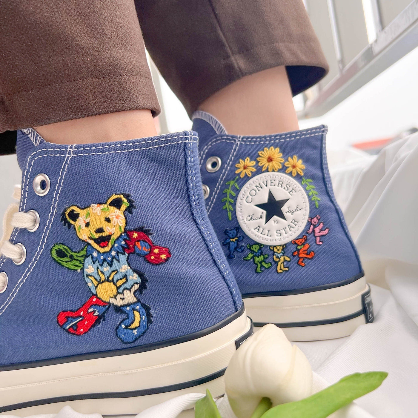 Embroidered Converse,Converse Hi Tops,Embroidered Colorful Bear