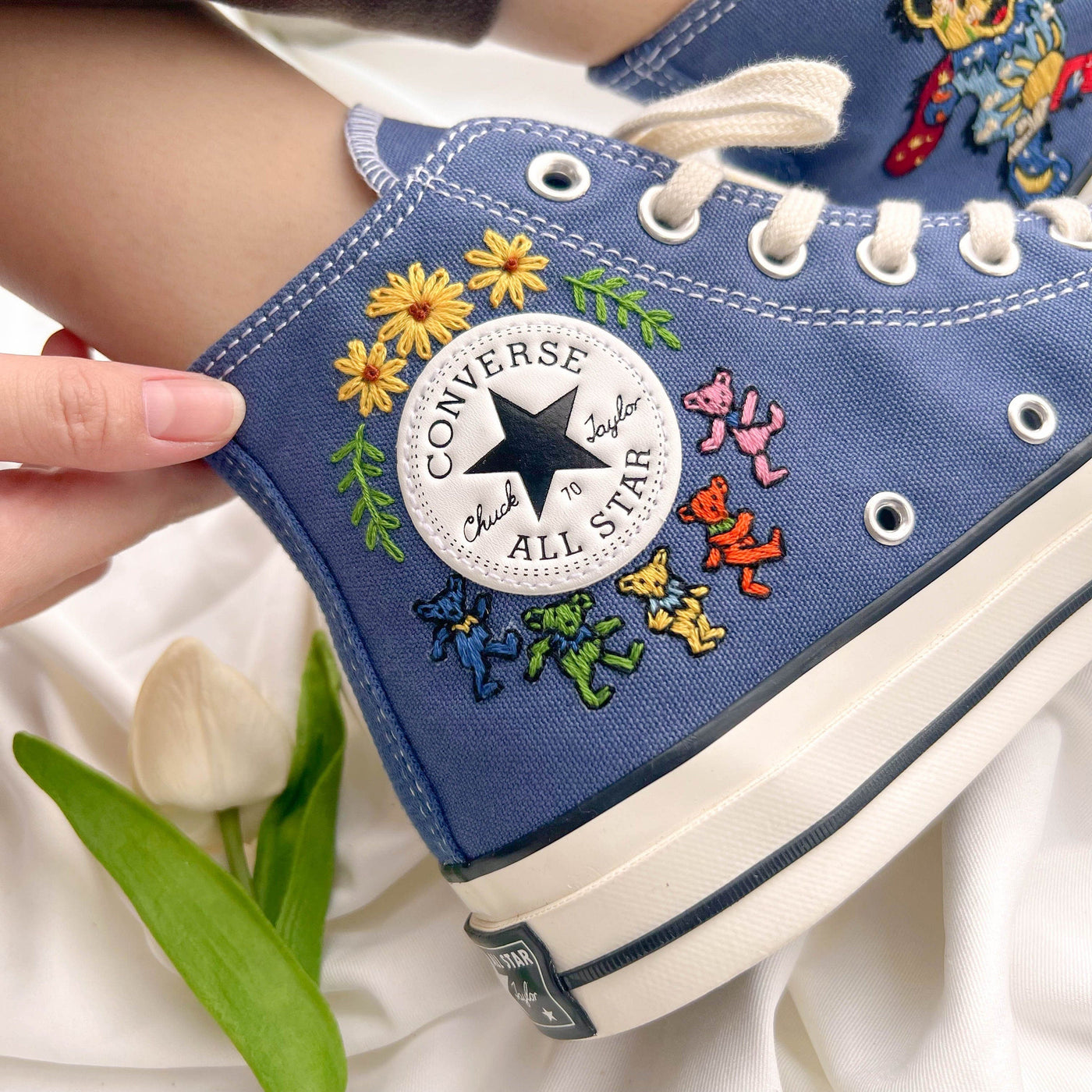 Embroidered Converse,Converse Hi Tops,Embroidered Colorful Bear
