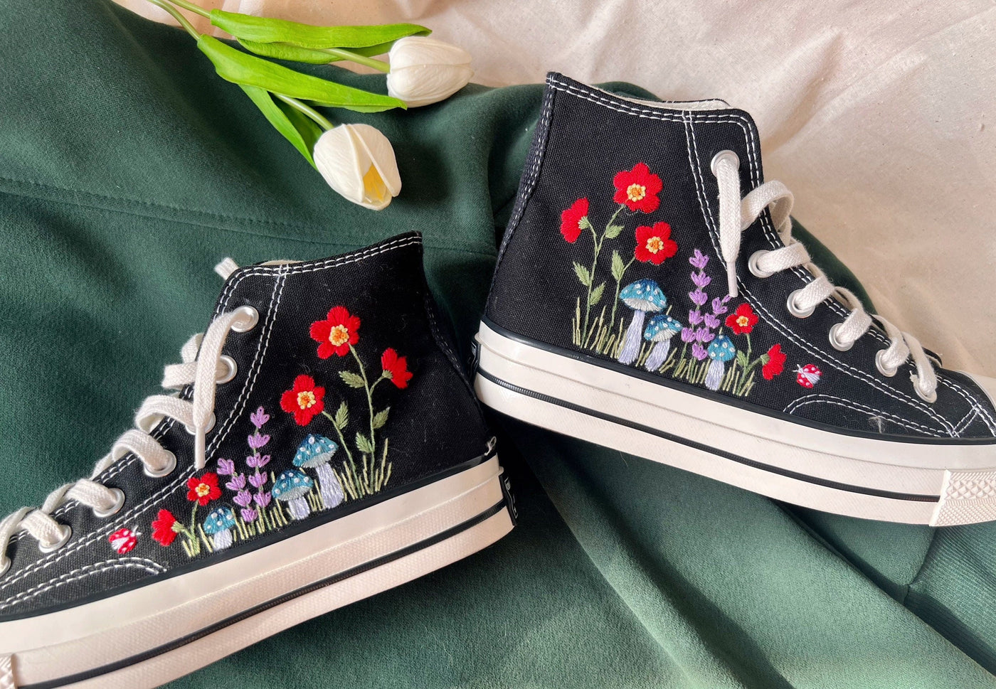 Embroidered Converse,Converse Green Mushrooms And Brilliant Flower
