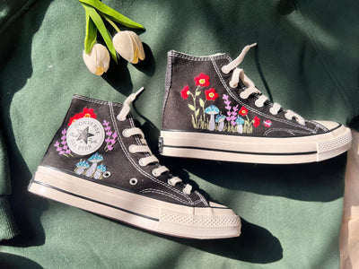 Embroidered Converse,Converse Green Mushrooms And Brilliant Flower
