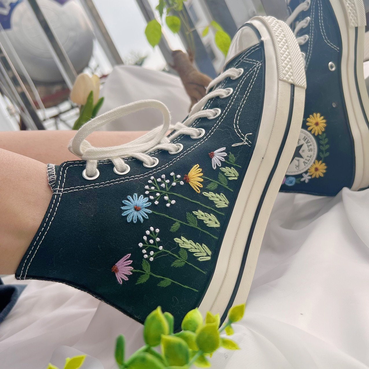 Embroidered Converse,Converse High Tops,Custom Colorful Chrysanthemum