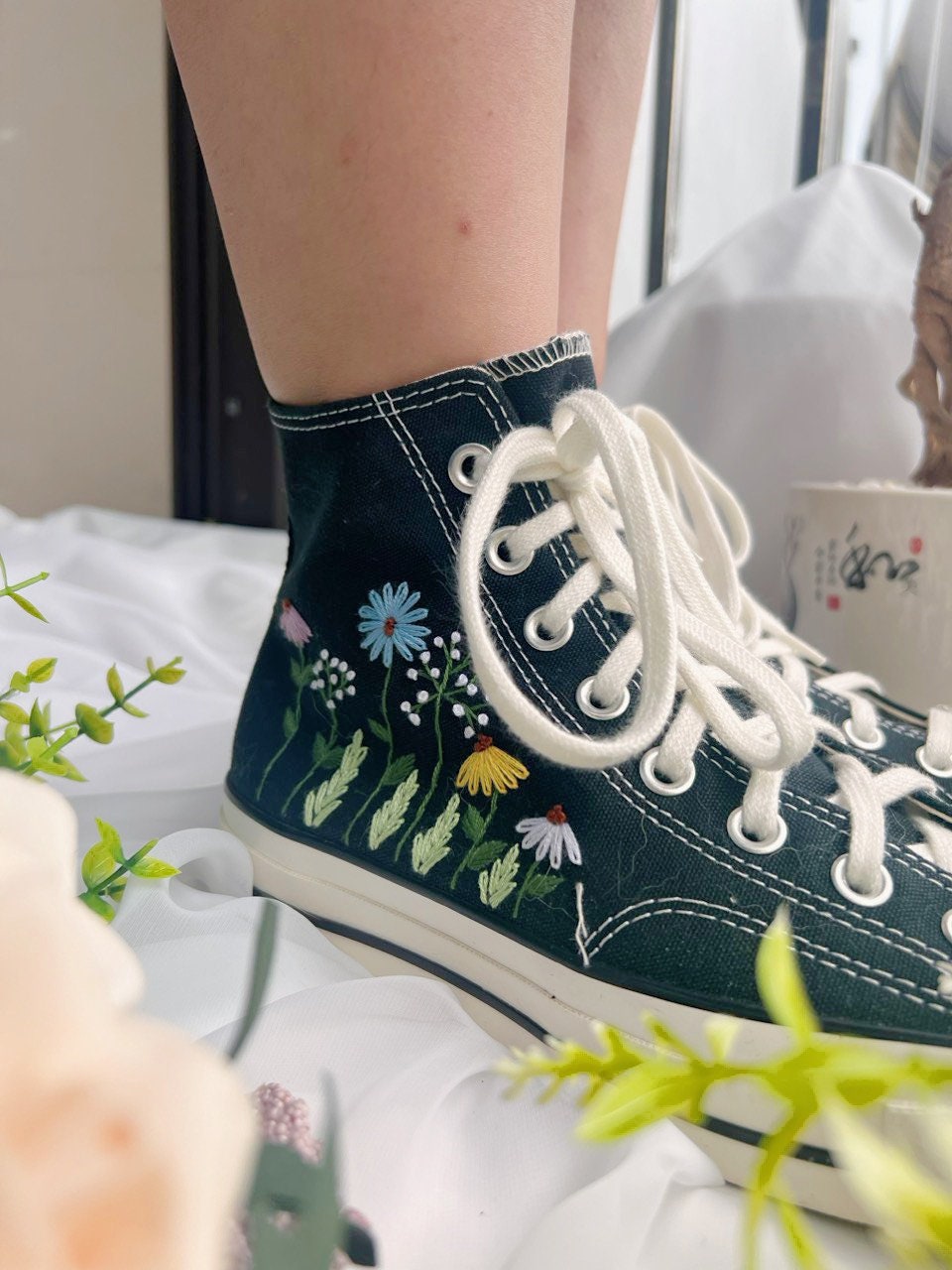 Embroidered Converse,Converse High Tops,Custom Colorful Chrysanthemum