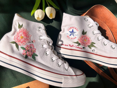 Embroidered Converse,Converse High Tops Custom Peony,Pink Flower