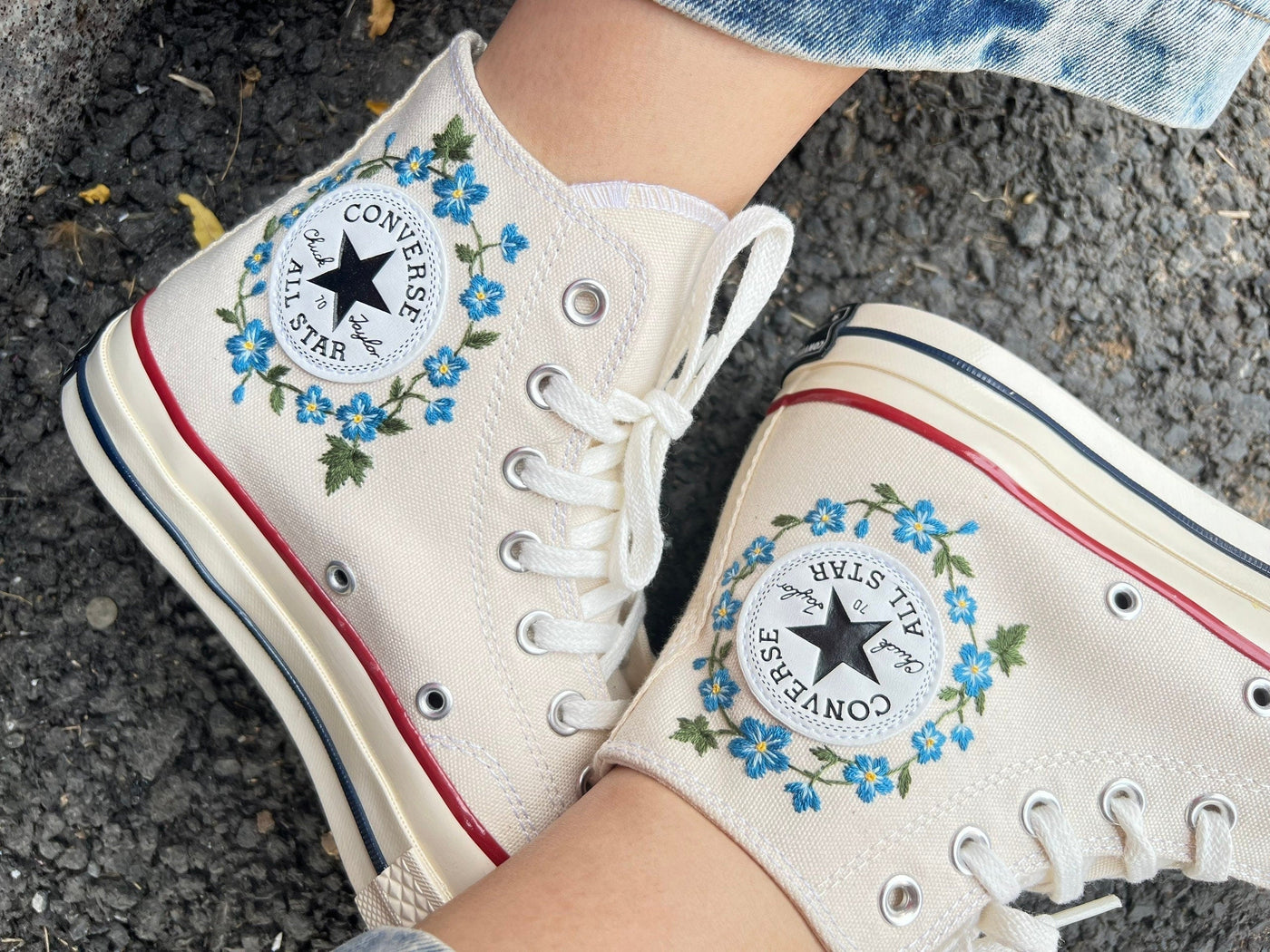 Embroidered Converse,Converse High Tops,Embroidered Blue Flower