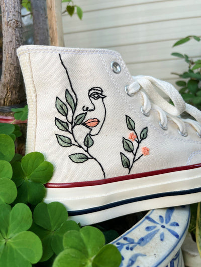 Embroidered Converse,Custom Converse Flowers,Leaves Faces