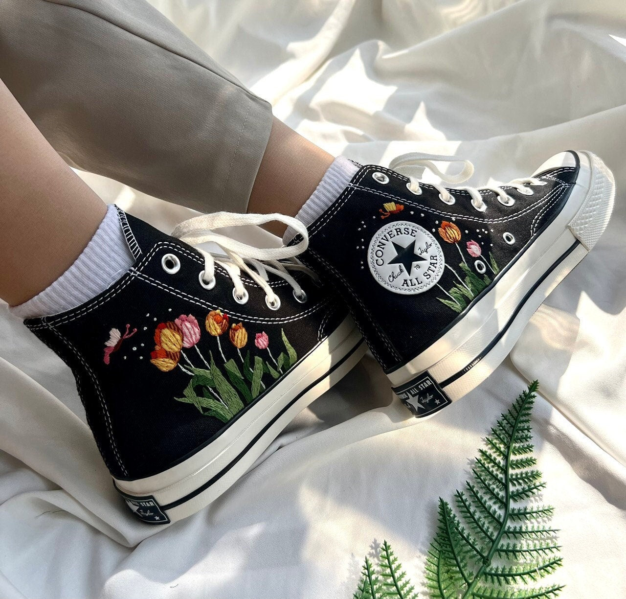 Embroidered Converse,Flower Converse,Embroidered Colorful Tulip Garden