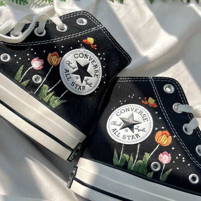 Embroidered Converse,Flower Converse,Embroidered Colorful Tulip Garden