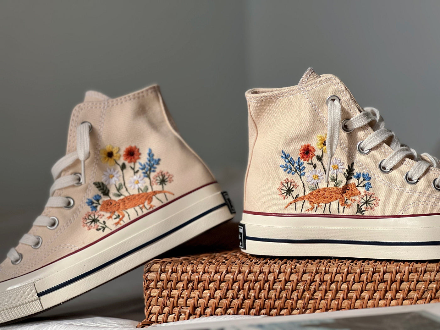 Embroidered Converse High Tops, Embroidered Blue Mushrooms