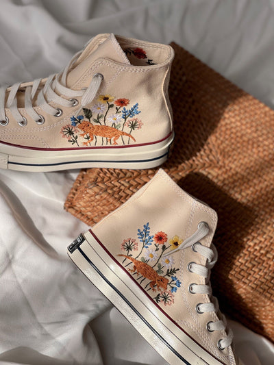 Embroidered Converse High Tops, Embroidered Blue Mushrooms