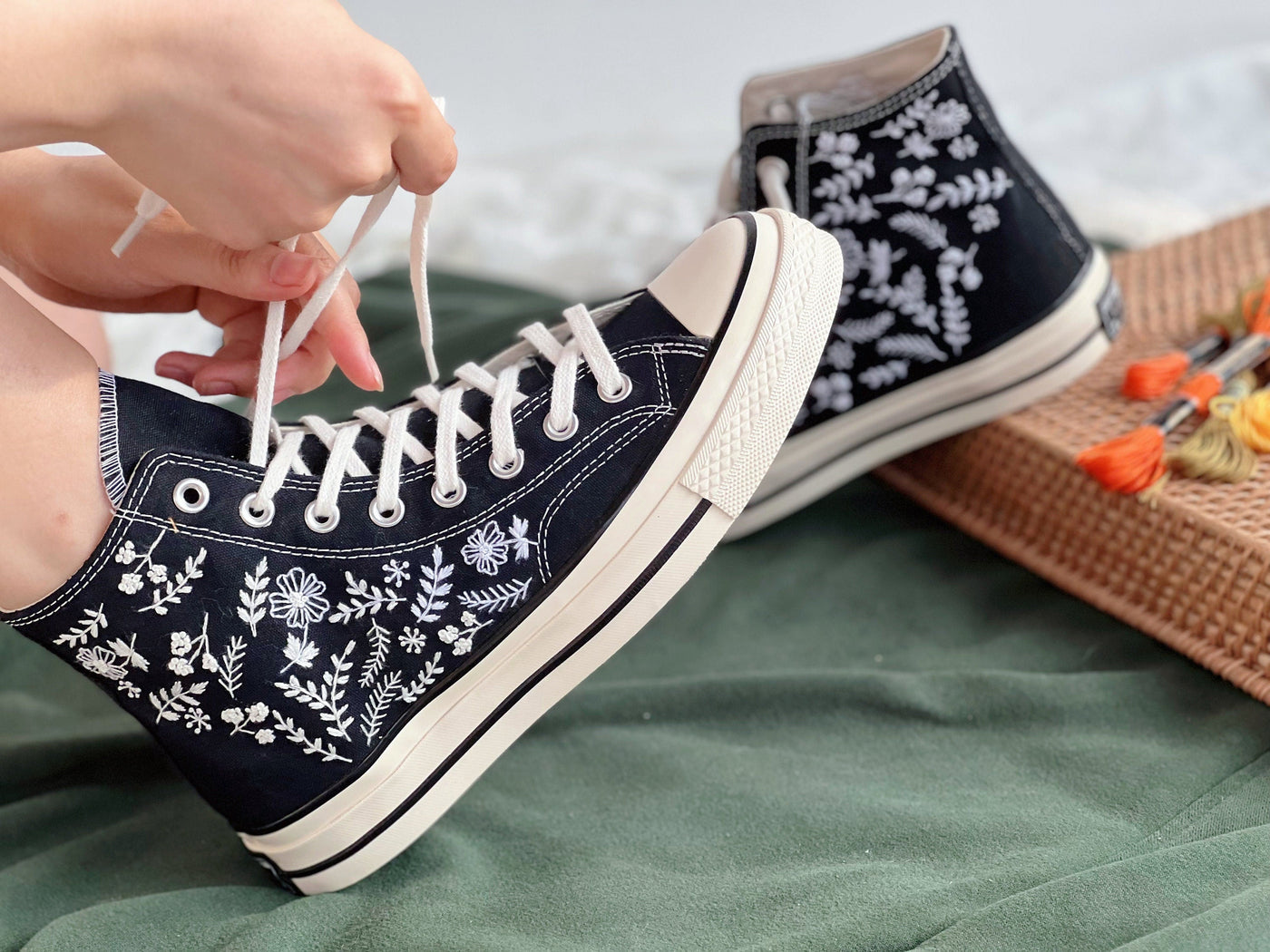 Floral Converse,Embroidered Converse,Custom Converse Flower And Leaf