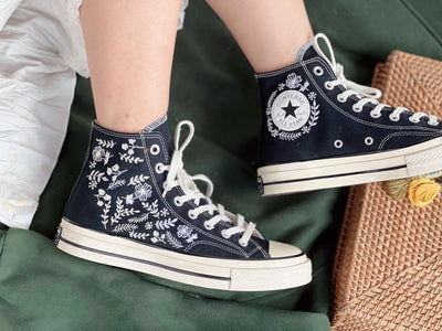 Floral Converse,Embroidered Converse,Custom Converse Flower And Leaf