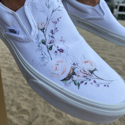 Flower Wreath Wedding Vans Shoes, Custom White Slip On Vans Bridal