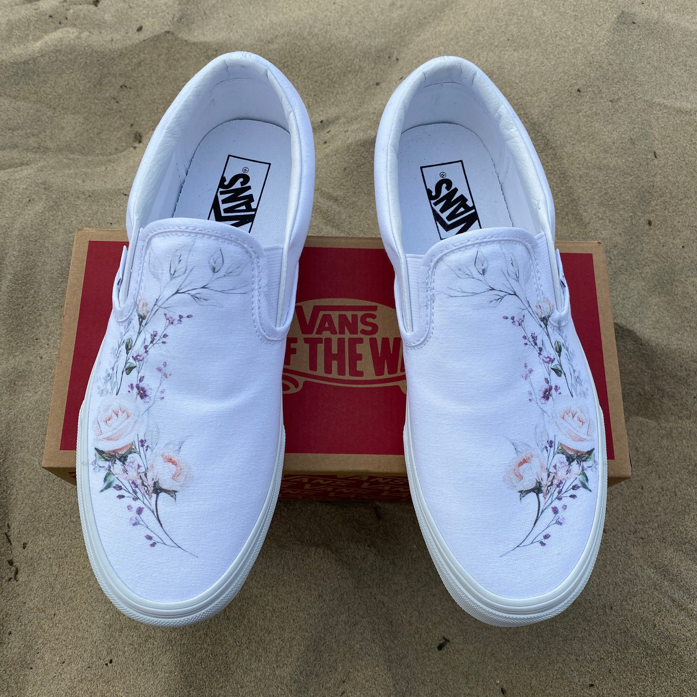 Flower Wreath Wedding Vans Shoes, Custom White Slip On Vans Bridal