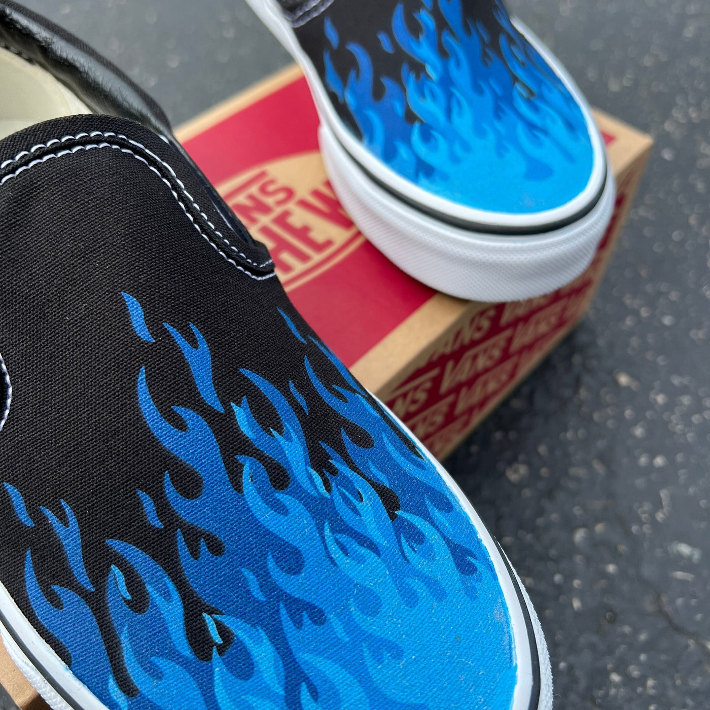 Hot Blue Flame Shoes, Custom Vans Black Slip On Dark Blue Neon