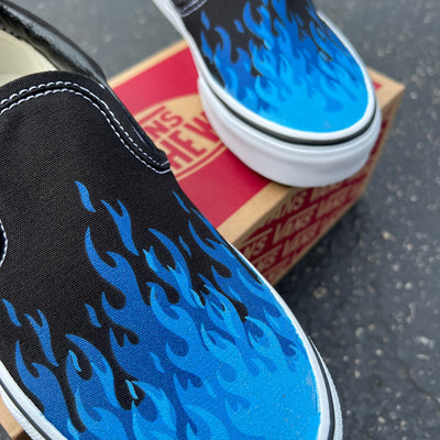Hot Blue Flame Shoes, Custom Vans Black Slip On Dark Blue Neon