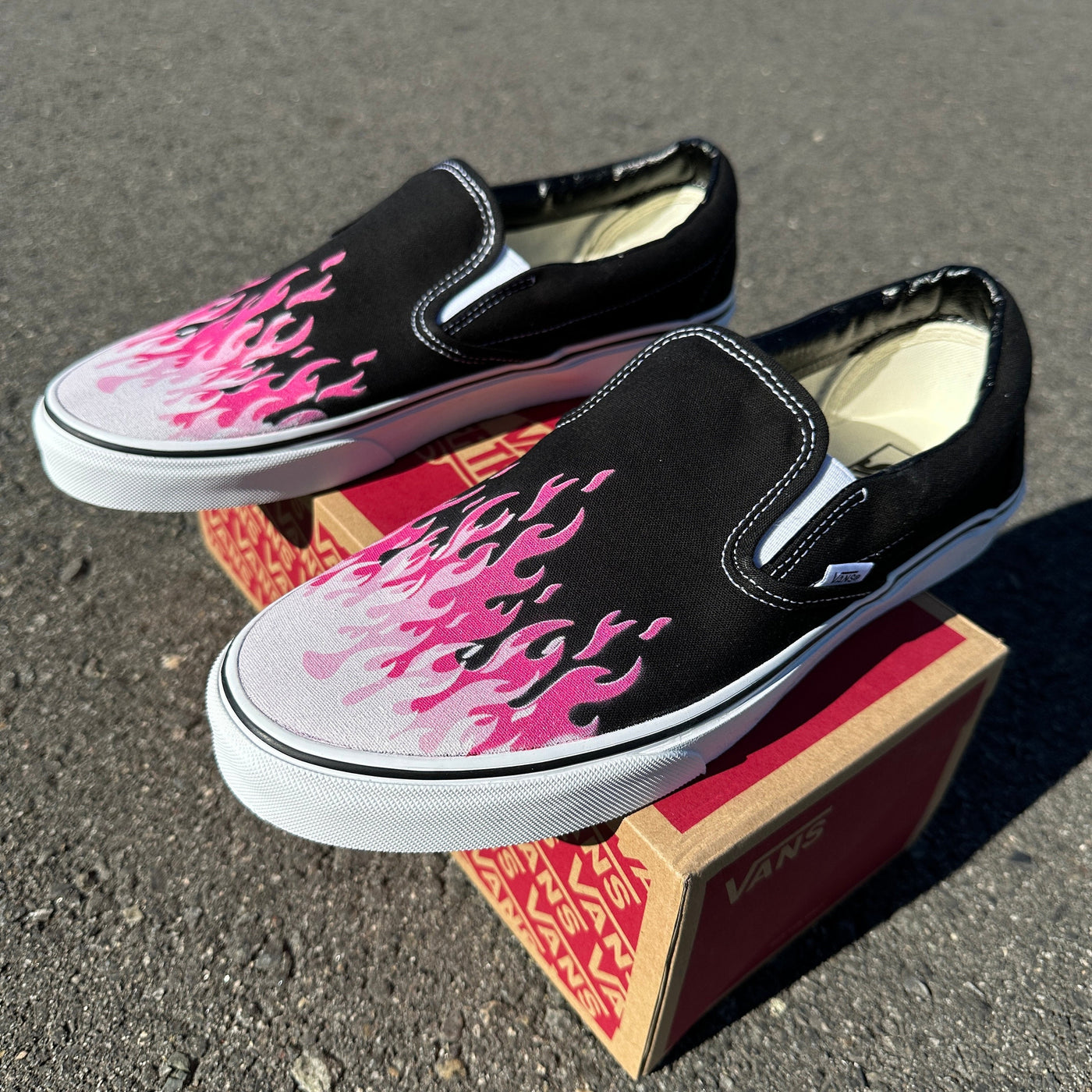 Hot Pink Flame Shoes, Custom Vans Black Slip On Pink Hot Pink Pastel