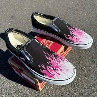 Hot Pink Flame Shoes, Custom Vans Black Slip On Pink Hot Pink Pastel