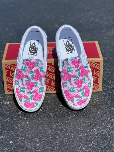 Hot Pink Flamingos and Roses, Custom Vans White Slip On Shoes