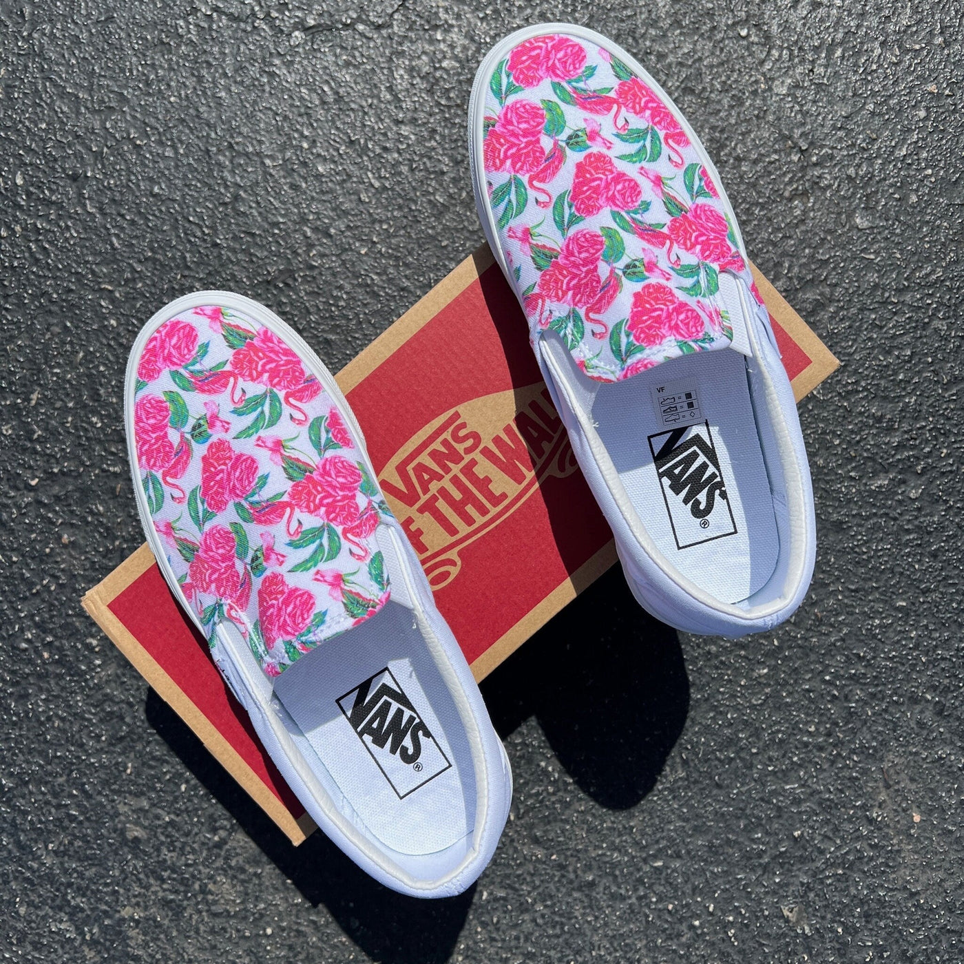 Hot Pink Flamingos and Roses, Custom Vans White Slip On Shoes