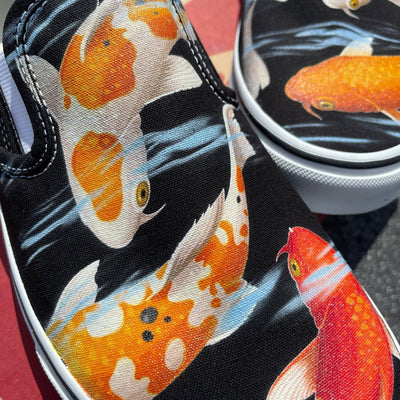 Koi Pond, Black Slip On Vans fancy carp fish Japanese goldfish koi