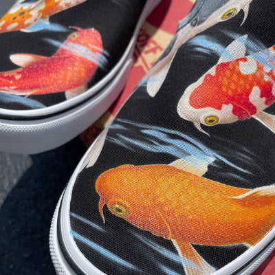 Koi Pond, Black Slip On Vans fancy carp fish Japanese goldfish koi