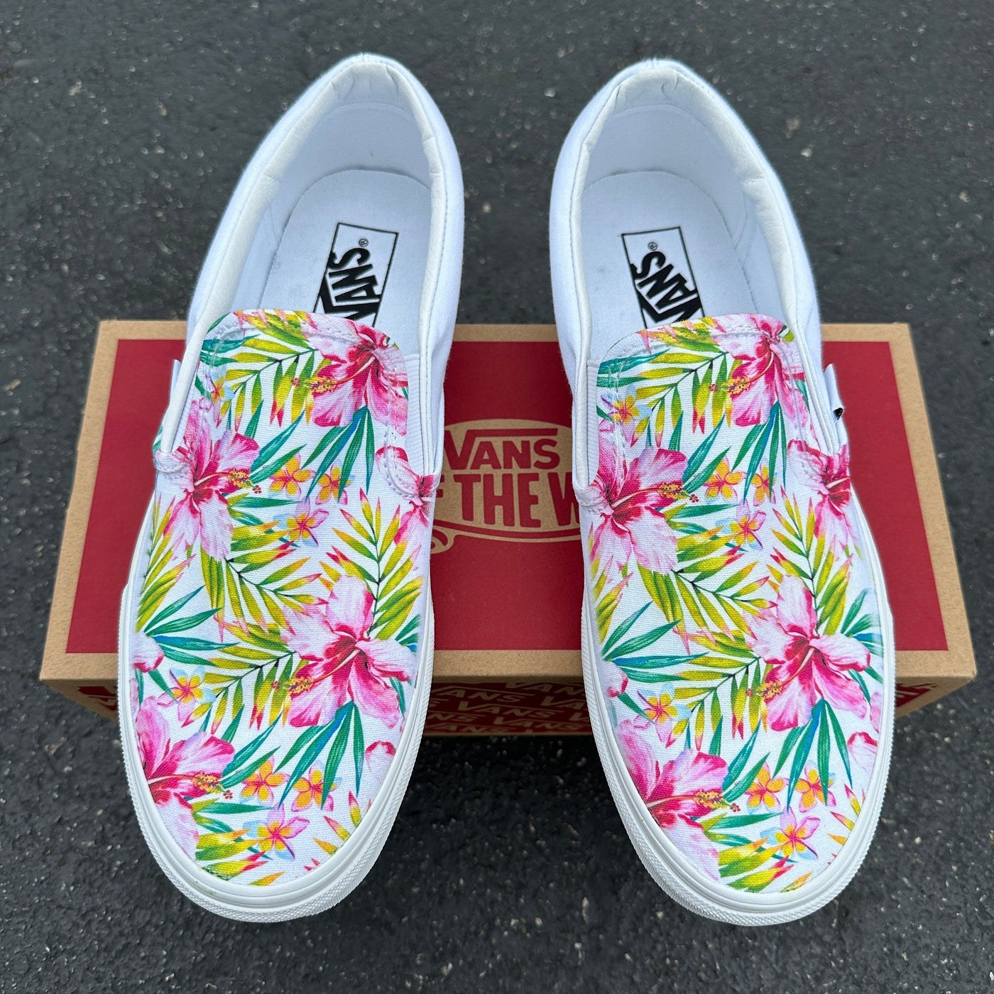 Pink Tropical Hibiscus Plumaria, Custom Vans White Slip On Shoes