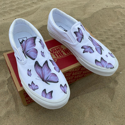 Purple Butterfly White Slip On Vans, Custom Vans Shoes