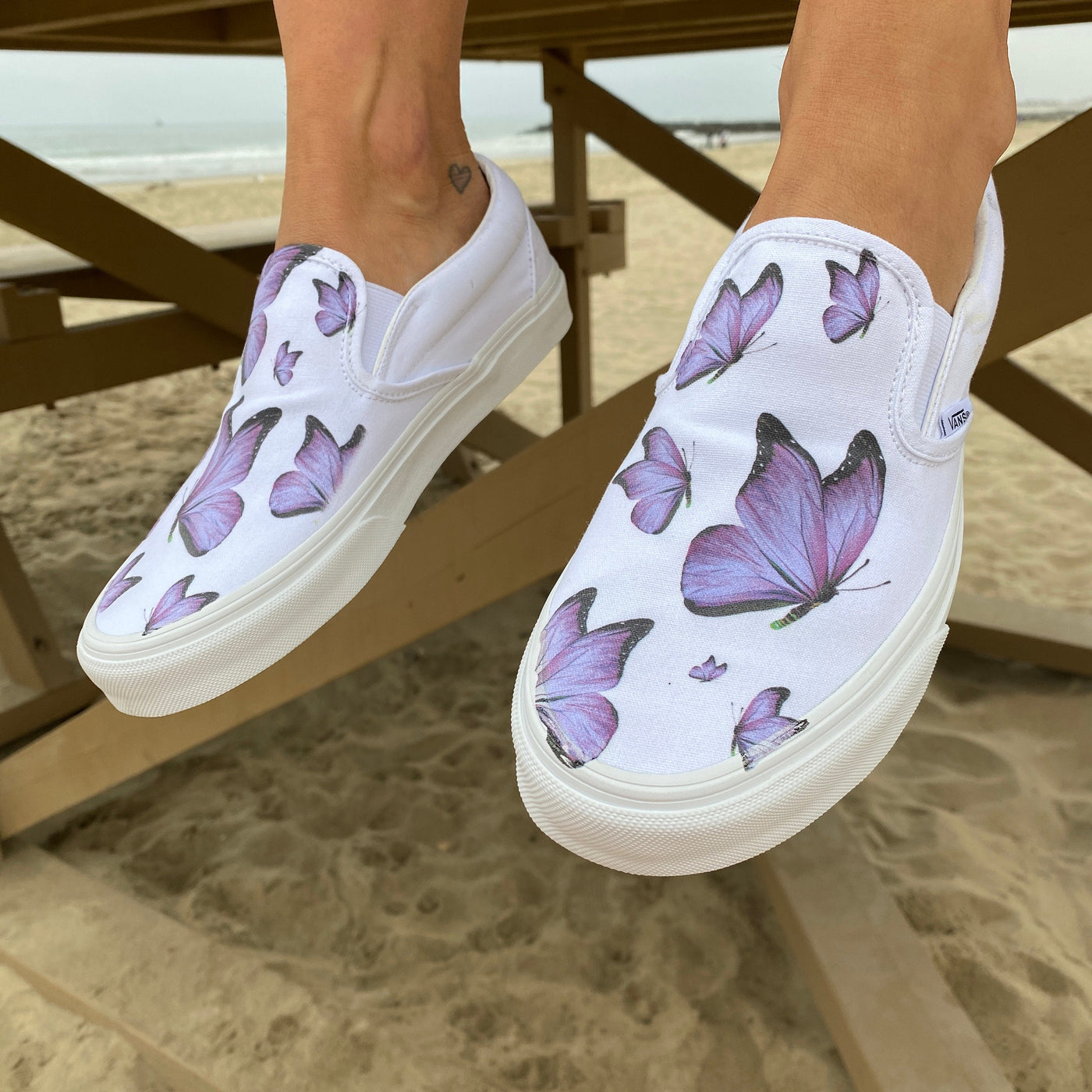Purple Butterfly White Slip On Vans, Custom Vans Shoes