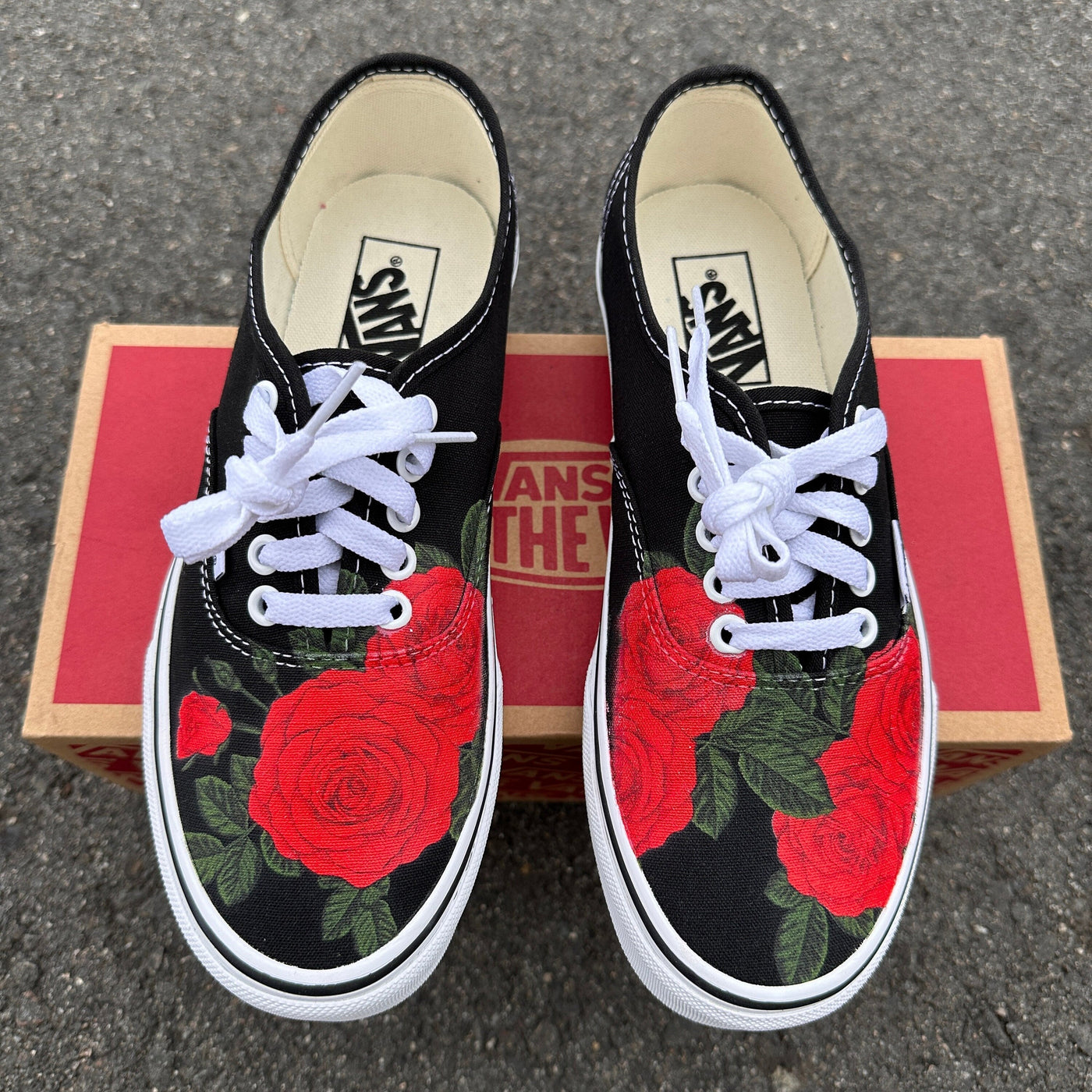 Red Roses Black, White Vans Authentic Lace Up Shoes, Custom Vans