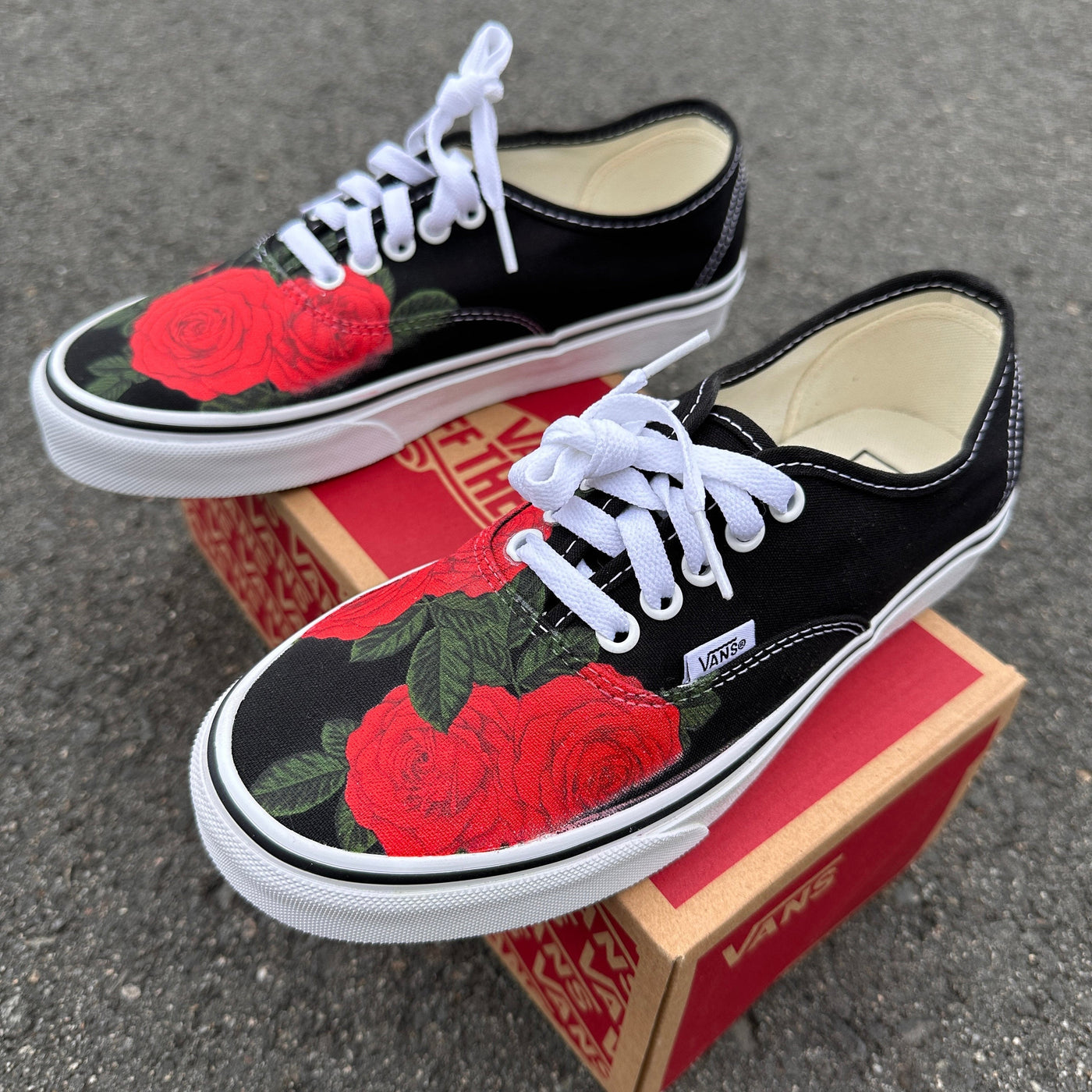 Red Roses Black, White Vans Authentic Lace Up Shoes, Custom Vans