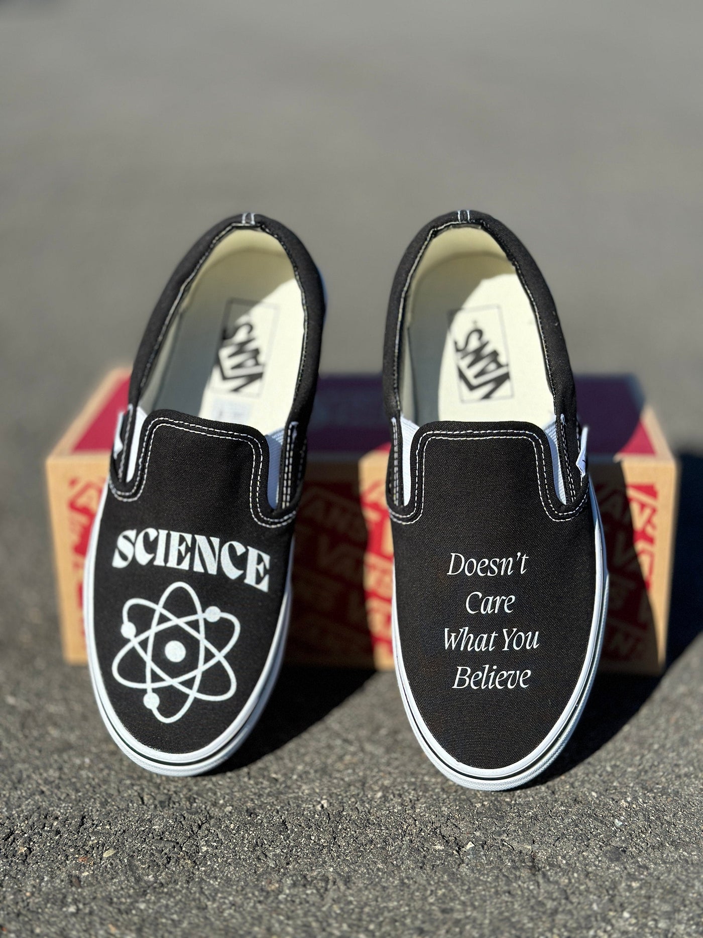 Science Doesnt Care What You Believe, Custom Black Slip On Vans