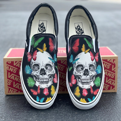 Skulls on Vans Slip On shoes with Butterflies, Custom Shoes