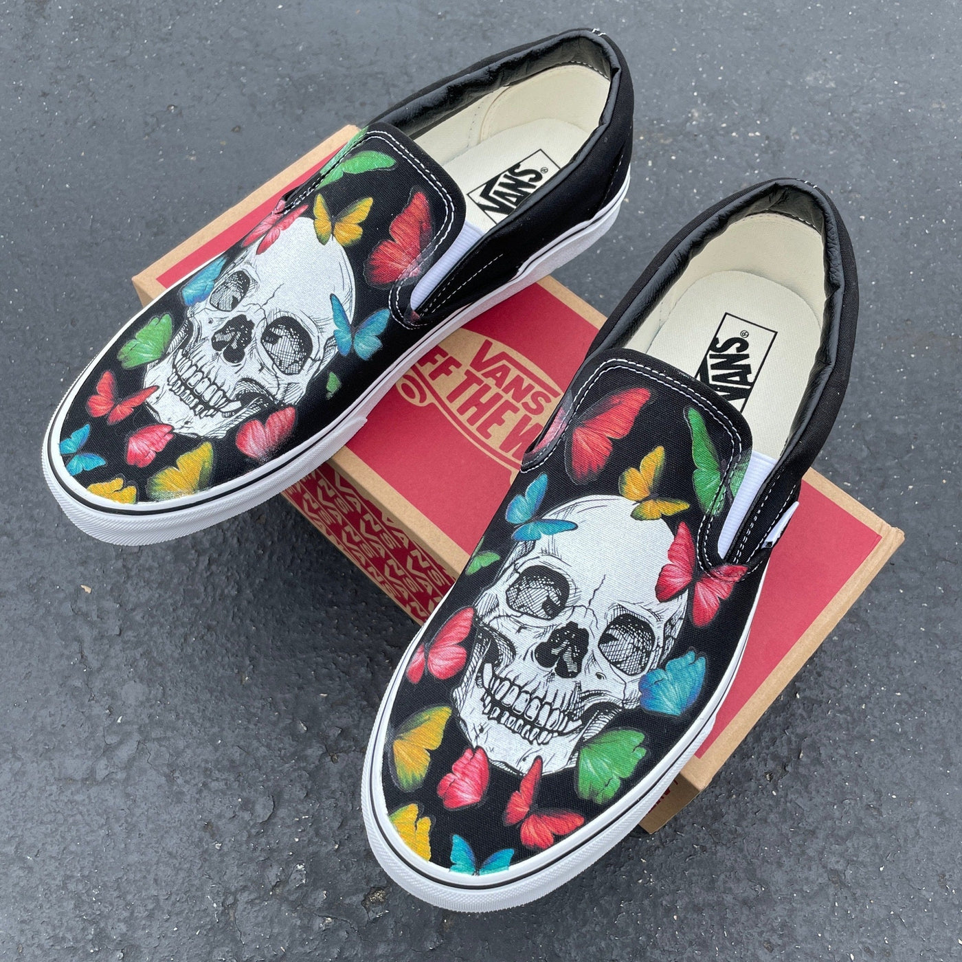Skulls on Vans Slip On shoes with Butterflies, Custom Shoes