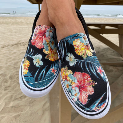 Tropical Floral Pattern on Black Vans Slip On Shoes, Custom Vans