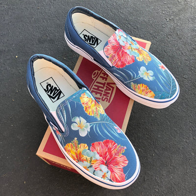 Tropical Floral Pattern on Navy Vans Slip On Shoes, Custom Vans